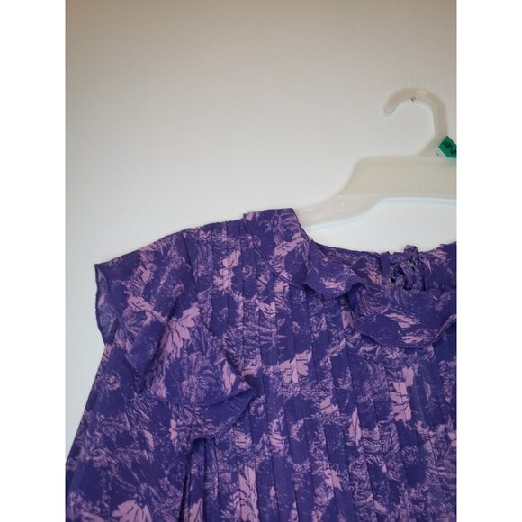 Free People Women Sz S Dress Long Sleeve Floral Pink Purple Short Ruffle Pleated - Picture 4 of 8
